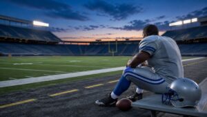 Anonymous running back in a blank silver-blue uniform sits quietly beside a helmet in an empty stadium at dusk