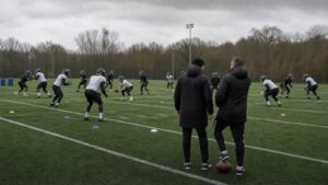 American football players running position drills during an overcast practice