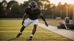 Anonymous defensive back in a blank uniform trains on a football field with baseball equipment nearby