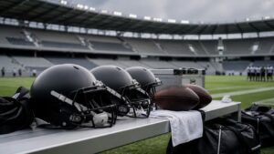Blank helmets and footballs sit on a sideline bench before a European American football game
