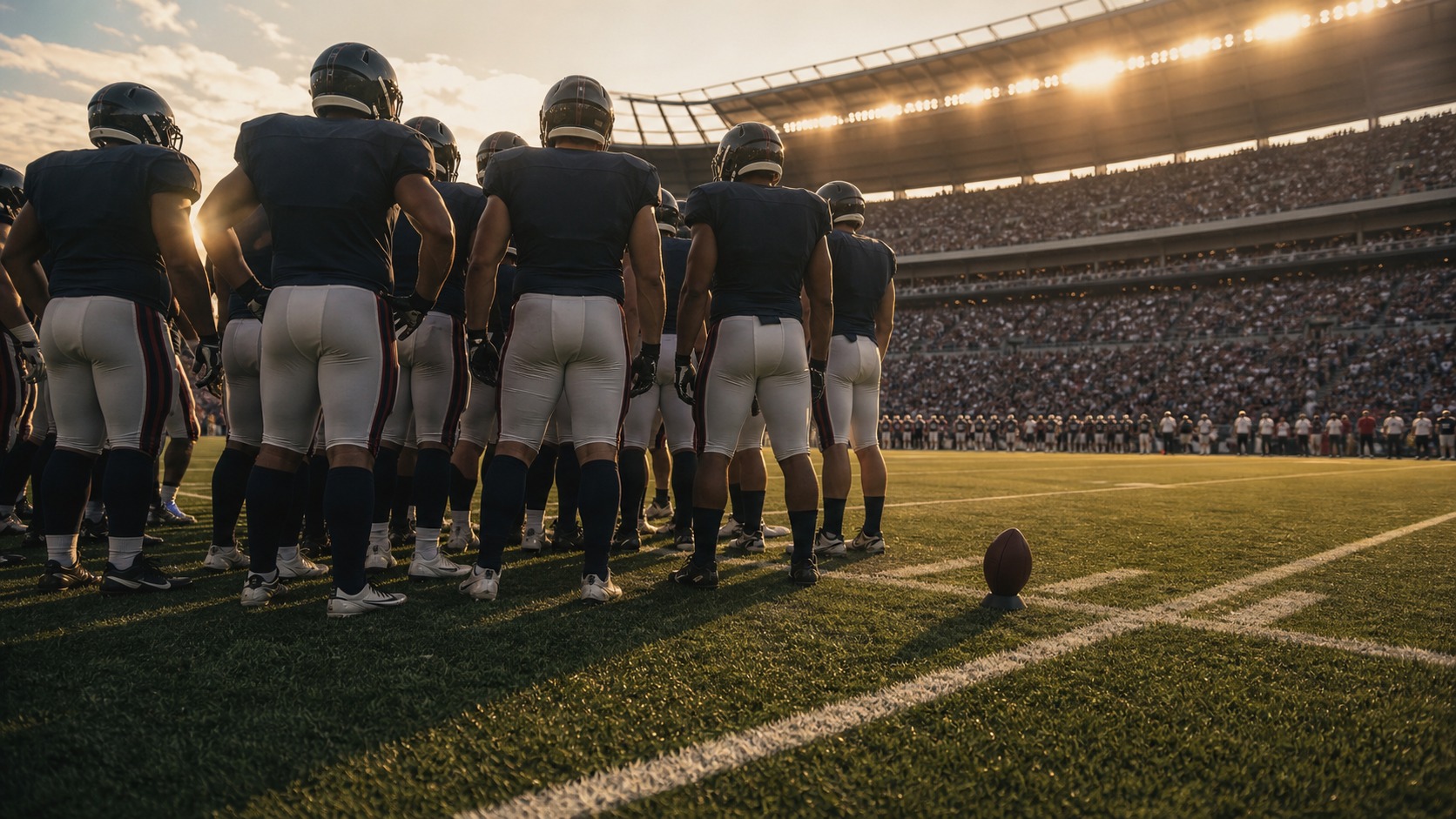 Players gather near a kickoff tee before an American football game in a packed stadium