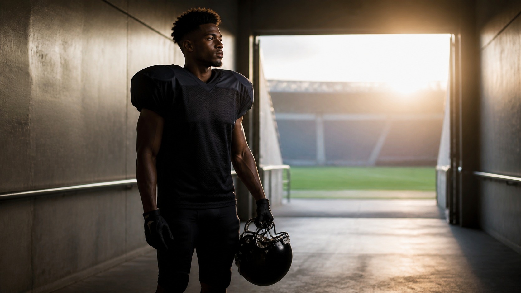 An anonymous young football player in a blank dark uniform stands in a stadium tunnel holding a helmet