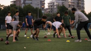 International American football players run cone drills on an urban practice field