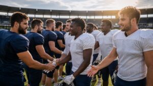 American football players in plain uniforms shake hands after an international tournament game