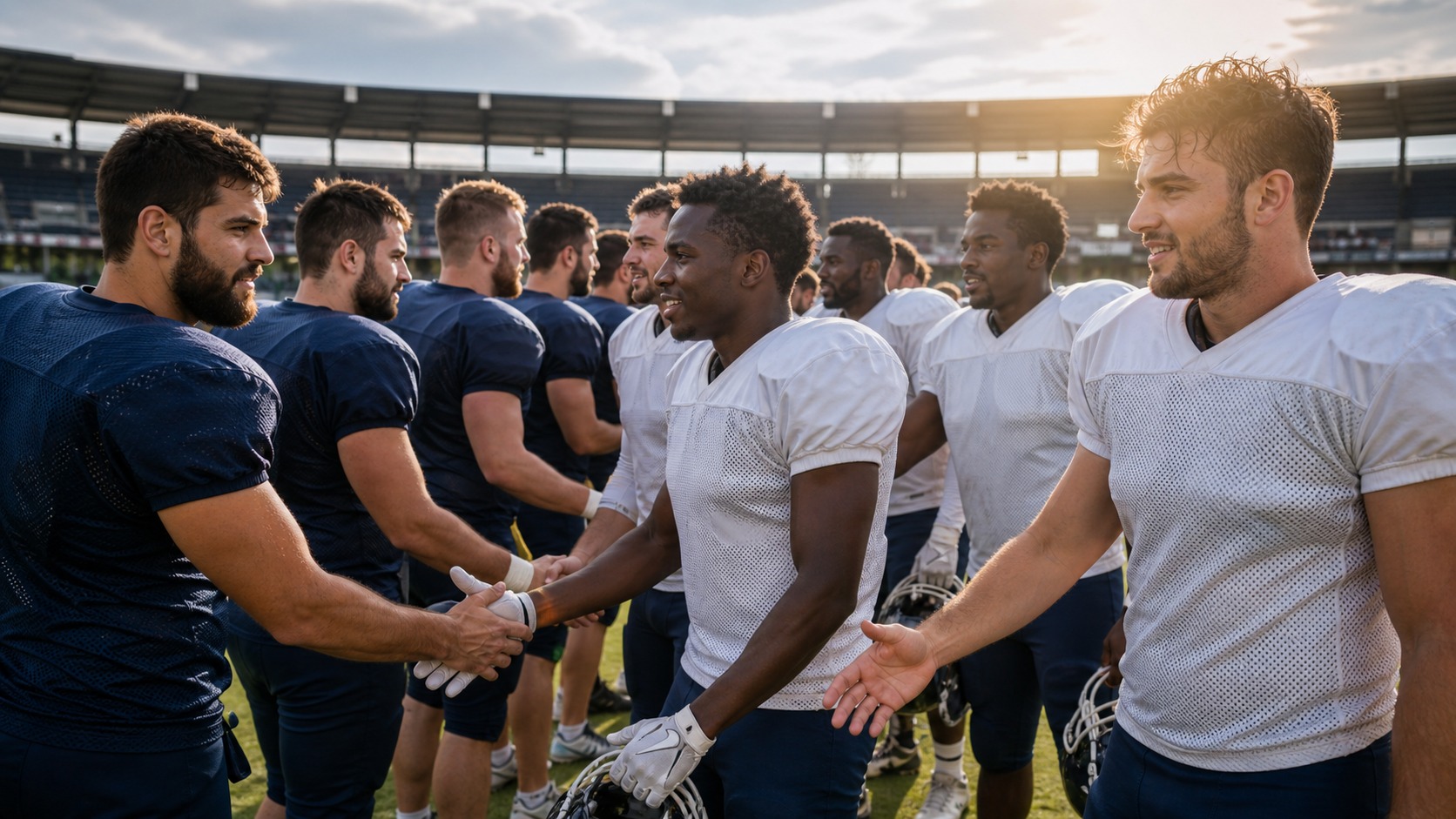 American football players in plain uniforms shake hands after an international tournament game