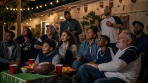 A diverse group of football fans gather outdoors to watch a game together in the evening