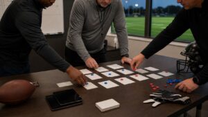 Anonymous football coaches arrange blank cards and colored magnets in a workroom before a game
