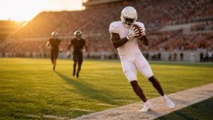 Anonymous wide receiver in a blank white uniform secures a sideline catch at golden hour