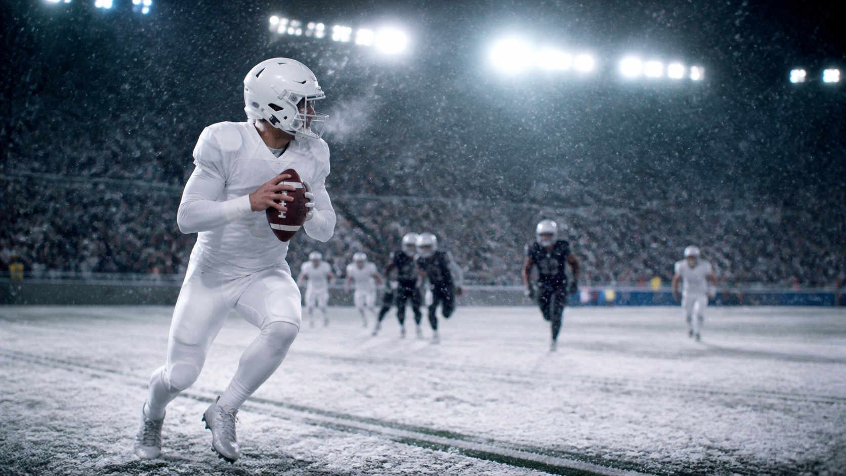 Anonymous quarterback in a blank white uniform rolls out with the ball during a snowy night game