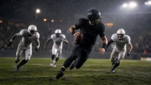 An anonymous quarterback in a blank dark uniform cuts through rain with defenders chasing