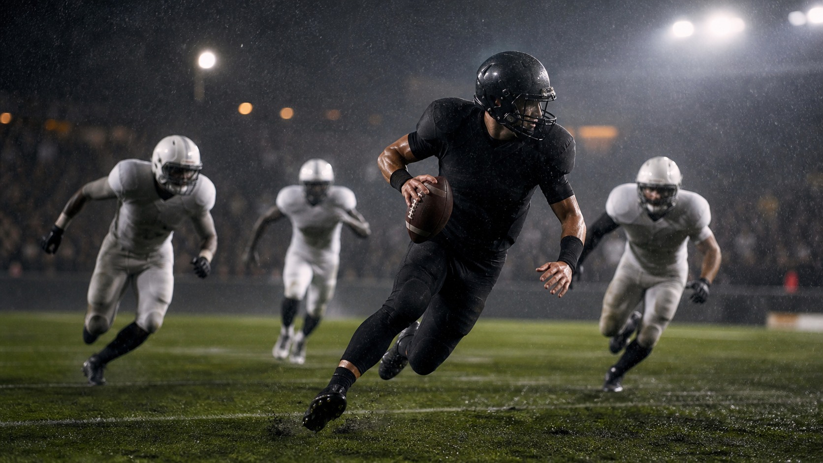 An anonymous quarterback in a blank dark uniform cuts through rain with defenders chasing