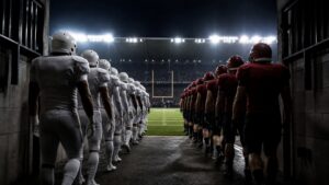 Two American football teams entering a floodlit stadium from the tunnel