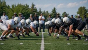 Anonymous football players in plain white and dark uniforms line up across from each other during a practice scrimmage