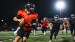 An anonymous quarterback in a blank red-orange practice jersey rolls out during a night practice