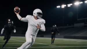An anonymous quarterback in a blank uniform rolls out and throws from an unusual arm angle under stadium lights