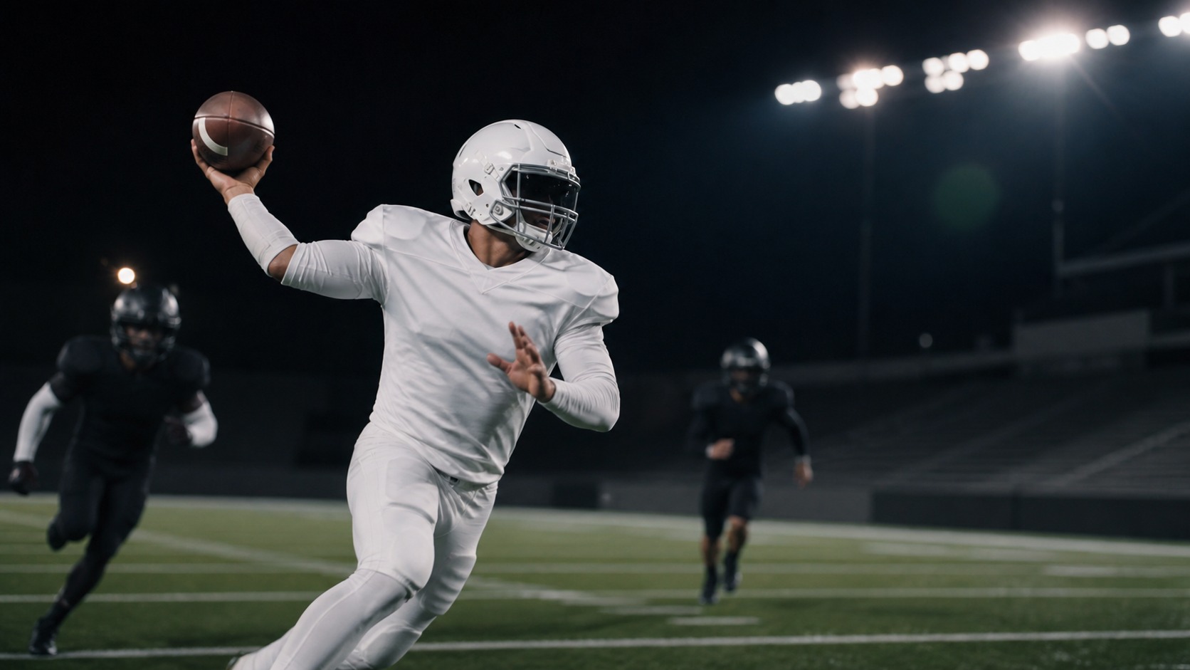 An anonymous quarterback in a blank uniform rolls out and throws from an unusual arm angle under stadium lights
