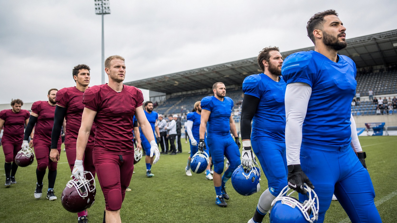 Generic international American football teams walk onto a neutral field before a club game