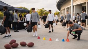 International American football athletes arrive at a tournament check-in area with blank helmets and gear