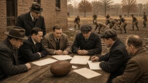 Early professional football organizers meet beside a muddy field with blank papers and vintage football gear
