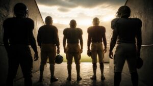 Anonymous football legends from different eras stand in a stadium tunnel facing a bright field