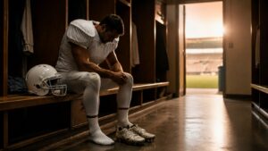 Anonymous veteran football player in a blank uniform sits in a quiet locker room beside a white helmet