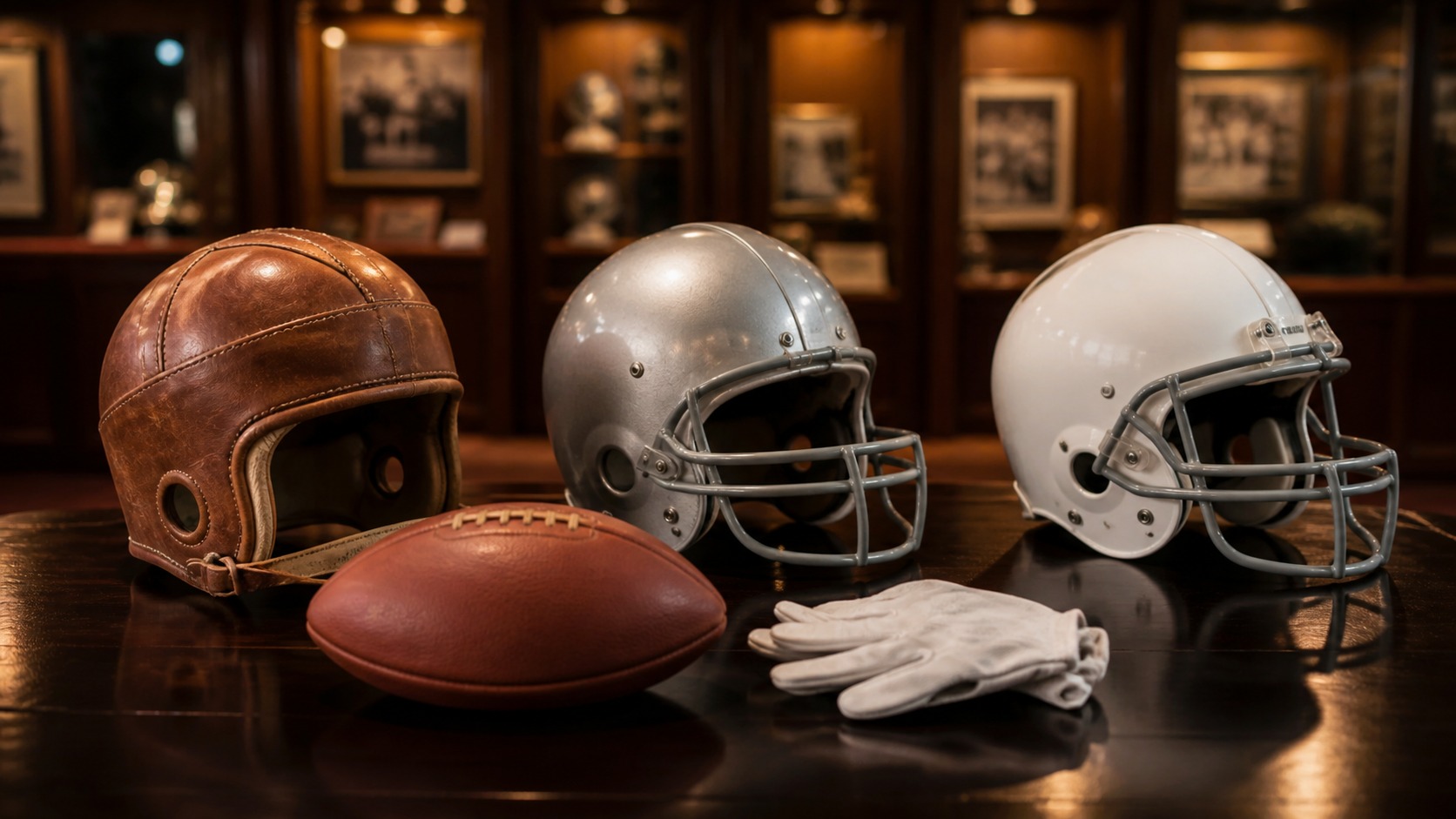Blank football helmets from different eras arranged in a softly lit history gallery