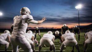 An anonymous quarterback in a blank white uniform reads the defense at twilight