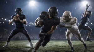 Anonymous football players in blank uniforms move through a rainy night game under bright lights