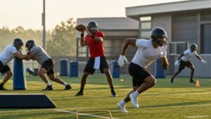 Young anonymous football players in blank practice uniforms train at different position stations in morning light