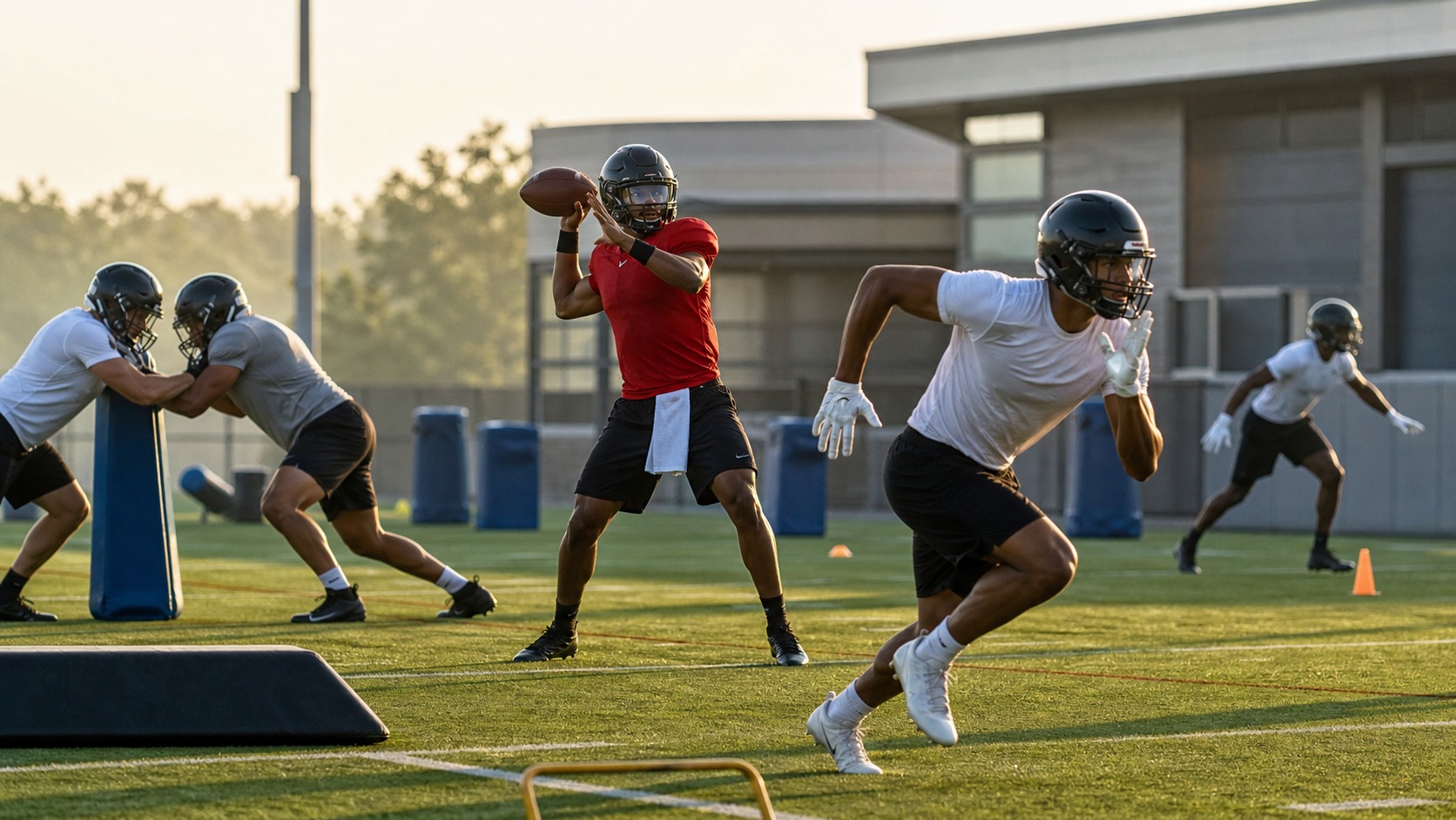 Young anonymous football players in blank practice uniforms train at different position stations in morning light