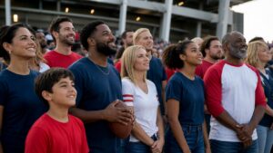 Diverse football fans in red, white, and blue clothing gather casually outside a stadium without hats or pledge gestures