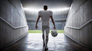 Anonymous veteran quarterback in a blank white uniform walks through a stadium tunnel holding a helmet