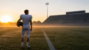 An anonymous quarterback in a blank practice uniform stands alone on a misty field at sunrise