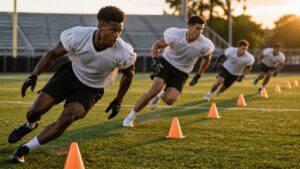 Young American football players in blank practice uniforms sprint through cone drills on an outdoor field