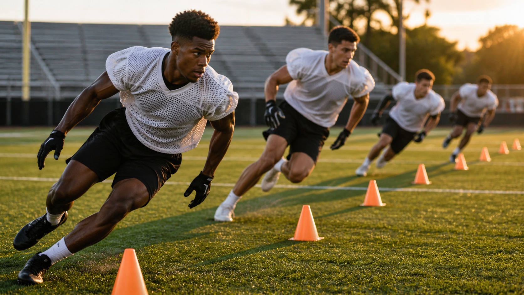 Young American football players in blank practice uniforms sprint through cone drills on an outdoor field