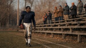 Anonymous veteran running back in a blank dark uniform walks past old bleachers on an autumn football field
