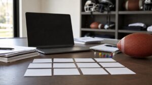A football league planning desk with blank fixture cards, a football, and a laptop
