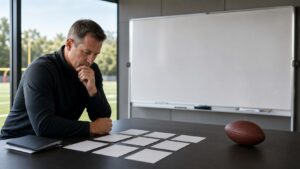 Anonymous football coach studies blank play cards in a meeting room beside a football and blank board