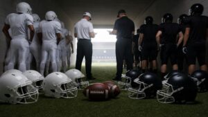 Two plain-uniform American football teams prepare in a stadium tunnel before an international tournament game