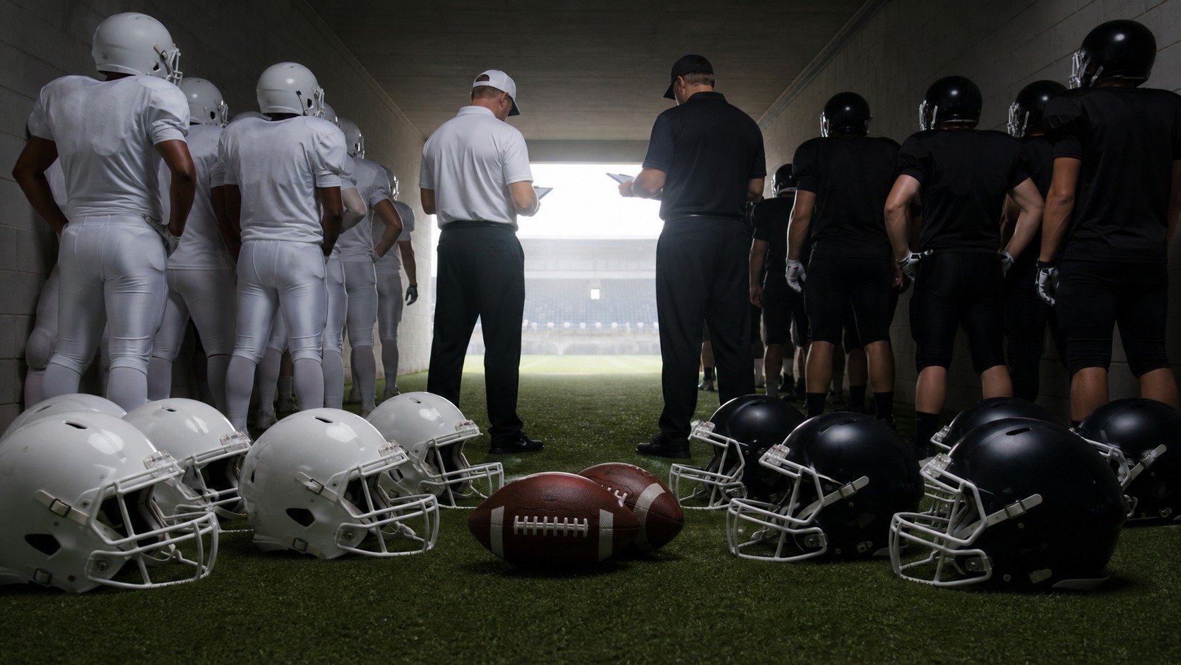 Two plain-uniform American football teams prepare in a stadium tunnel before an international tournament game