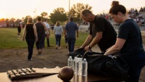 Volunteers prepare equipment and water at a local football field before a domestic league game