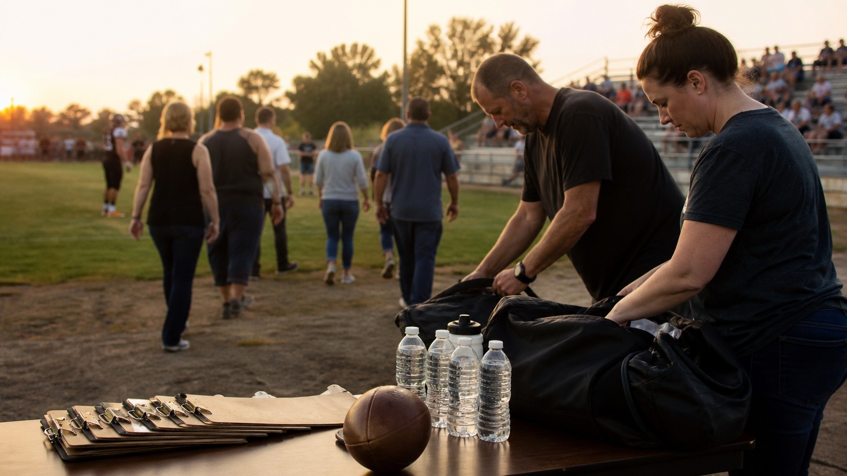 Volunteers prepare equipment and water at a local football field before a domestic league game